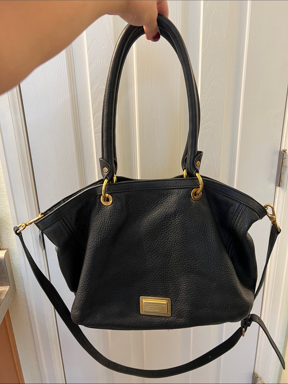 Marc Jacobs Black Leather Tote Bag with Gold Accents